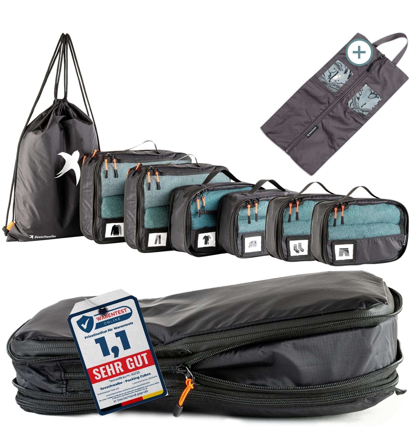 71CeIzNTm7L SEESCHWALBE Compression Packing Cubes 8-teilig mit Schuhbeutel – Schwarz – Bild 1